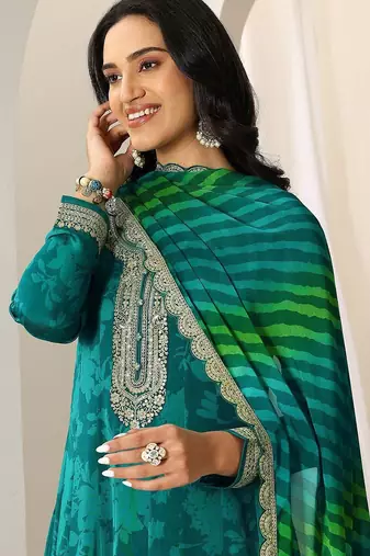 Womens Green Printed Chiffon Anarkali Kurta With Trousers & Dupatta
