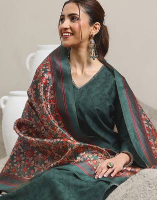 Floral Printed V-Neck Flared A-Line Kurta With Trousers & Dupatta 1