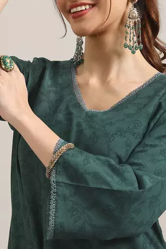 Floral Printed V-Neck Flared A-Line Kurta With Trousers & Dupatta