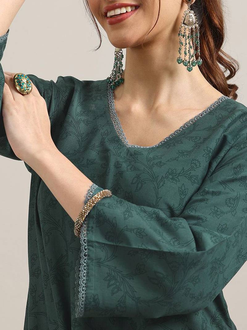 Floral Printed V-Neck Flared A-Line Kurta With Trousers & Dupatta