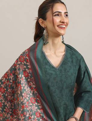 Floral Printed V-Neck Flared A-Line Kurta With Trousers & Dupatta 6