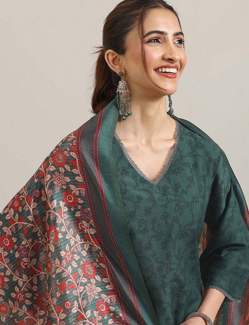 Floral Printed V-Neck Flared A-Line Kurta With Trousers & Dupatta