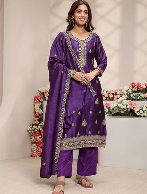 Purple Ethnic Motifs Embroidered Straight Suit Set with Dupatta 1