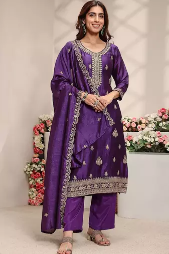 Purple Ethnic Motifs Embroidered Straight Suit Set with Dupatta
