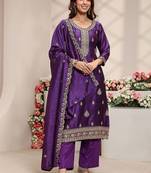 Purple Ethnic Motifs Embroidered Straight Suit Set with Dupatta