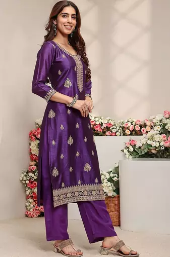 Purple Ethnic Motifs Embroidered Straight Suit Set with Dupatta