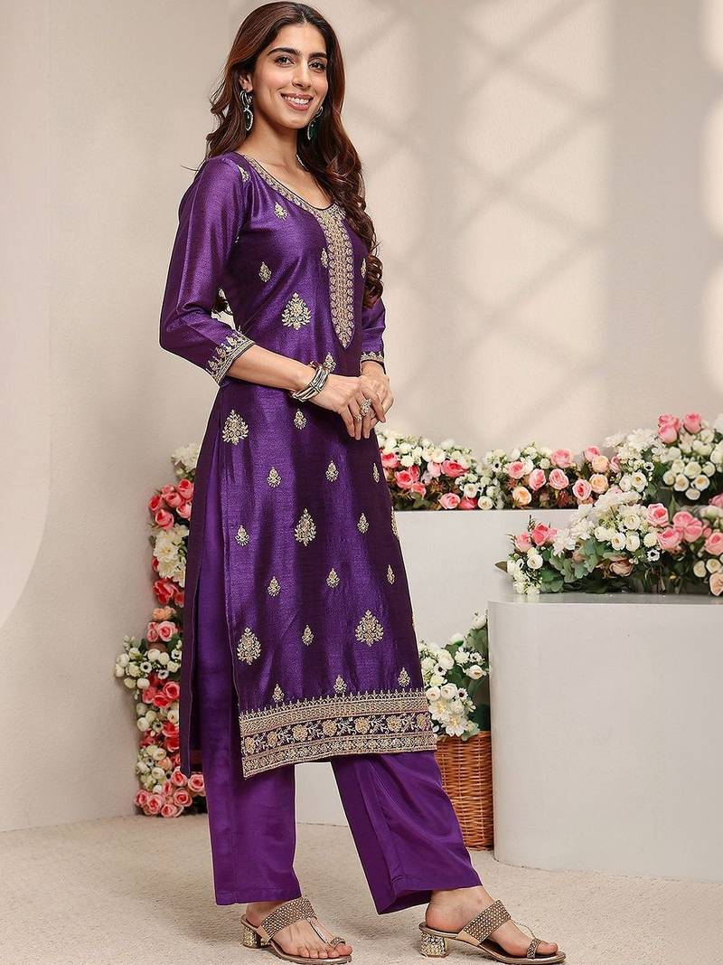 Purple Ethnic Motifs Embroidered Straight Suit Set with Dupatta