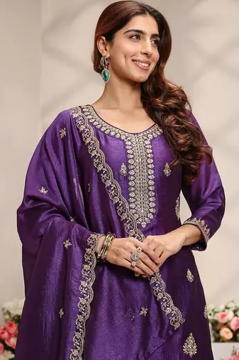 Purple Ethnic Motifs Embroidered Straight Suit Set with Dupatta