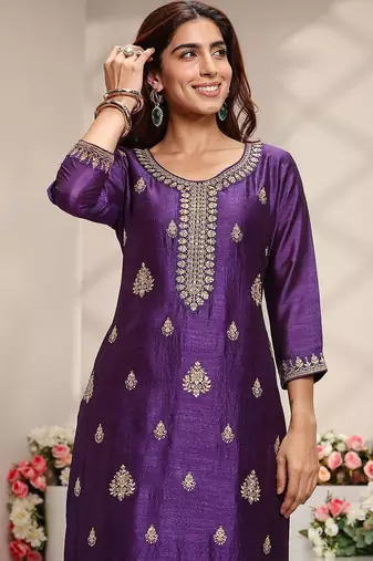 Purple Ethnic Motifs Embroidered Straight Suit Set with Dupatta