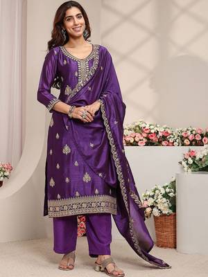 Purple Ethnic Motifs Embroidered Straight Suit Set with Dupatta 6