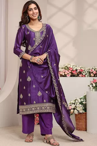 Purple Ethnic Motifs Embroidered Straight Suit Set with Dupatta