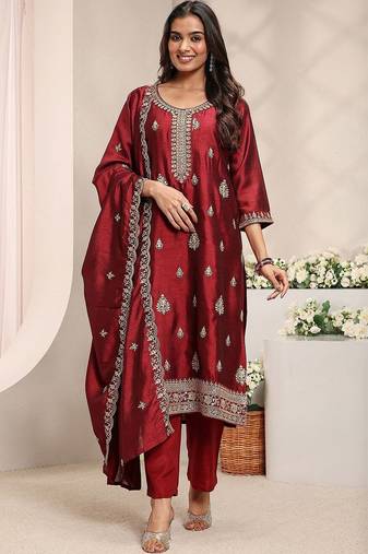 Maroon Ethnic Motifs Embroidered Straight Suit Set with Dupatta
