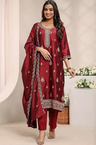 Maroon Ethnic Motifs Embroidered Straight Suit Set with Dupatta