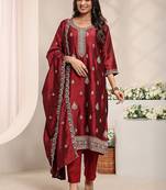 Maroon Ethnic Motifs Embroidered Straight Suit Set with Dupatta