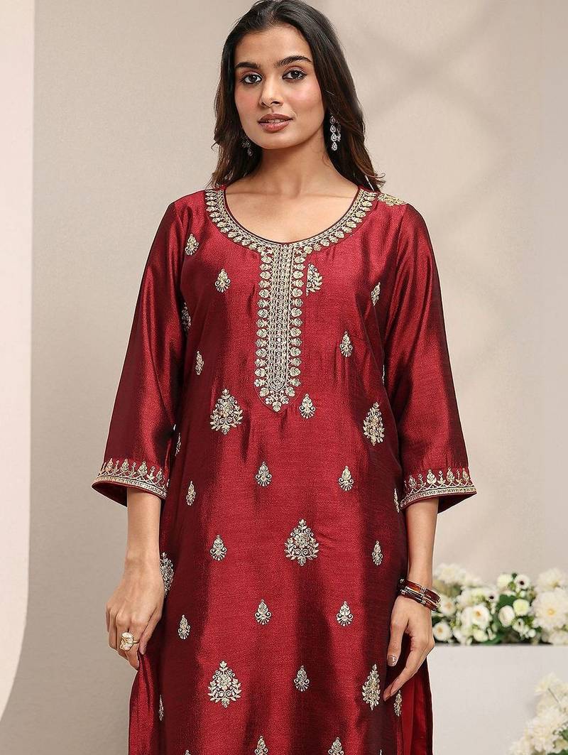 Maroon Ethnic Motifs Embroidered Straight Suit Set with Dupatta