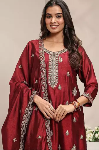 Maroon Ethnic Motifs Embroidered Straight Suit Set with Dupatta