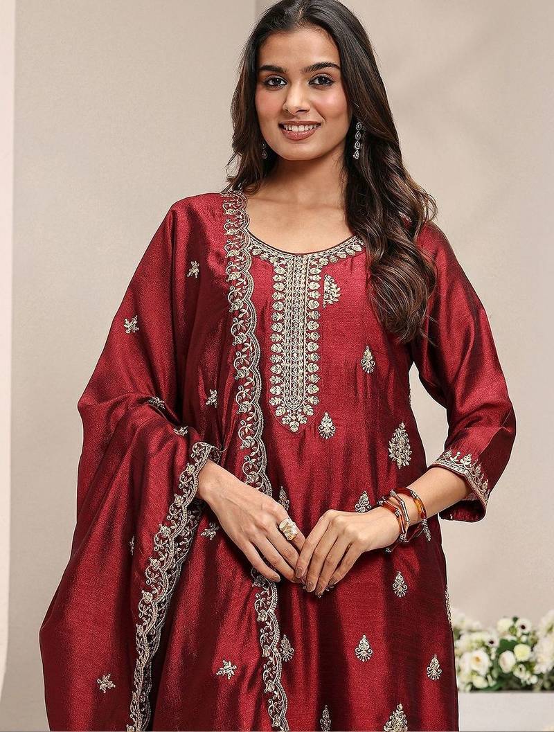 Maroon Ethnic Motifs Embroidered Straight Suit Set with Dupatta