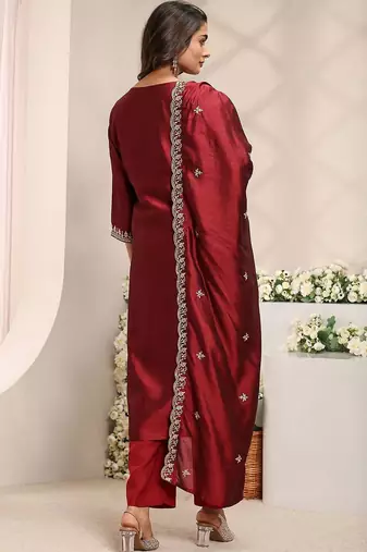 Maroon Ethnic Motifs Embroidered Straight Suit Set with Dupatta