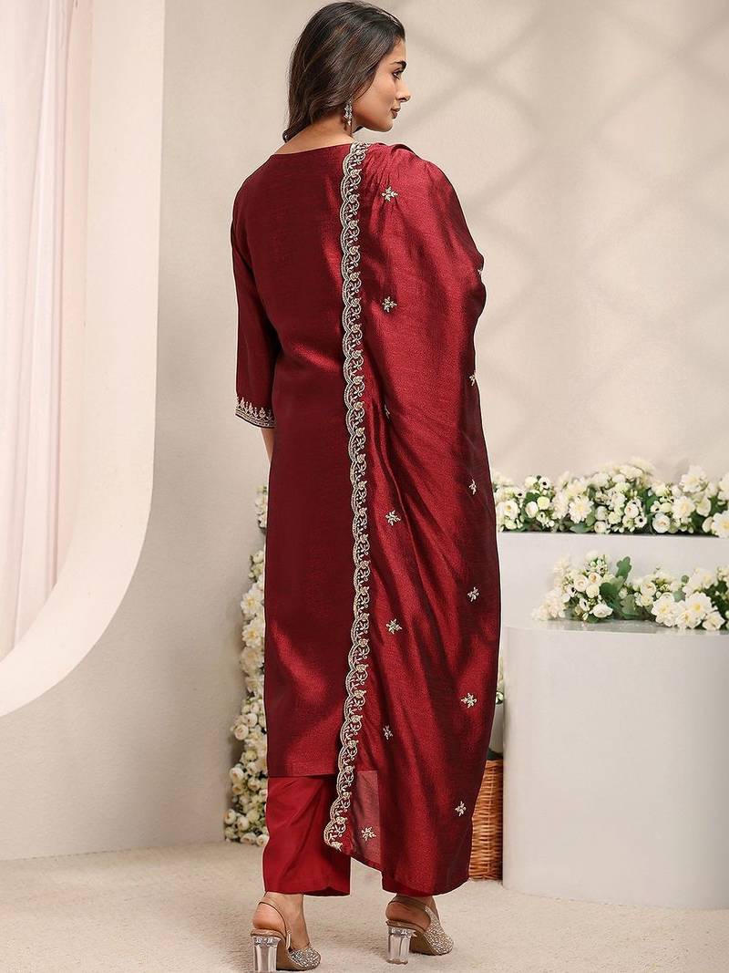Maroon Ethnic Motifs Embroidered Straight Suit Set with Dupatta