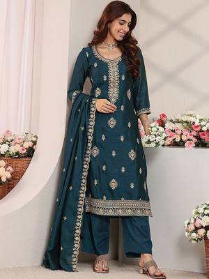 Women Ethnic Motifs Embroidered Regular Thread Work Kurta with Trousers & With Dupatta 1