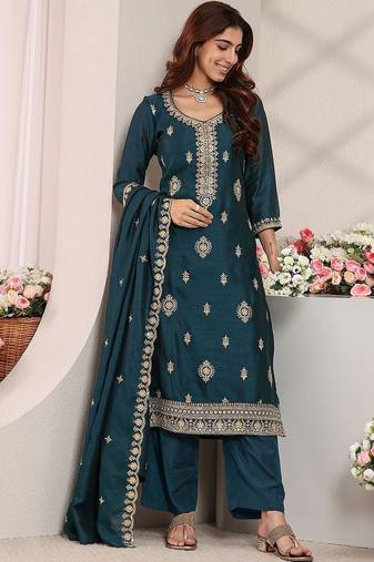 Women Ethnic Motifs Embroidered Regular Thread Work Kurta with Trousers & With Dupatta