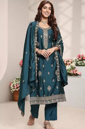 Women Ethnic Motifs Embroidered Regular Thread Work Kurta with Trousers & With Dupatta