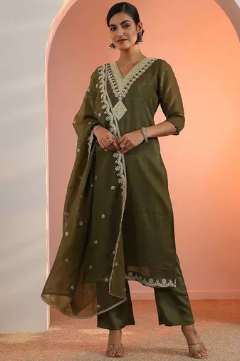 Women Woven Design Embroidered Kurta with Trousers & Dupatta