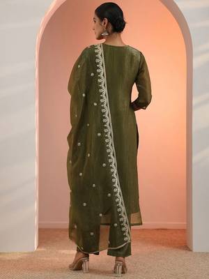 Women Woven Design Embroidered Kurta with Trousers & Dupatta 5