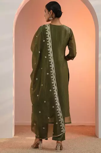 Women Woven Design Embroidered Kurta with Trousers & Dupatta