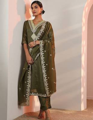 Women Woven Design Embroidered Kurta with Trousers & Dupatta 6