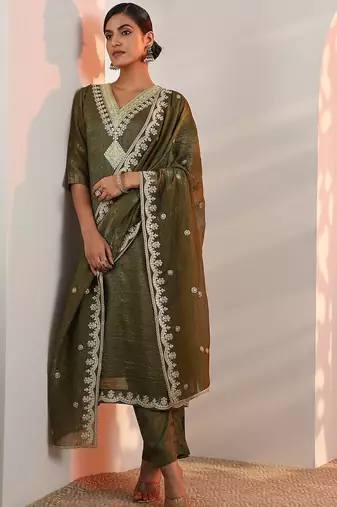 Women Woven Design Embroidered Kurta with Trousers & Dupatta