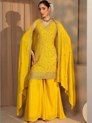 Women Ethnic Motifs Embroidered Regular Thread Work Kurta with Sharara & With Dupatta 1