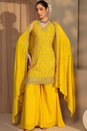 Women Ethnic Motifs Embroidered Regular Thread Work Kurta with Sharara & With Dupatta