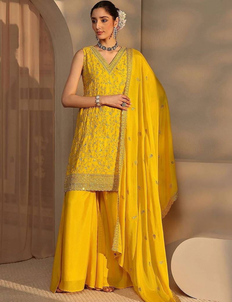Women Ethnic Motifs Embroidered Regular Thread Work Kurta with Sharara & With Dupatta