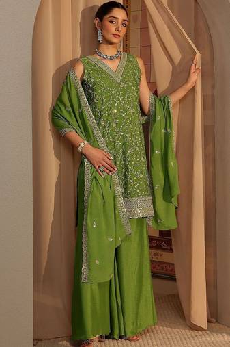 Women Ethnic Motifs Embroidered Regular Sequinned Kurta with Palazzos & With Dupatta