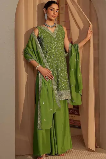 Women Ethnic Motifs Embroidered Regular Sequinned Kurta with Palazzos & With Dupatta