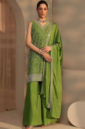 Women Ethnic Motifs Embroidered Regular Sequinned Kurta with Palazzos & With Dupatta