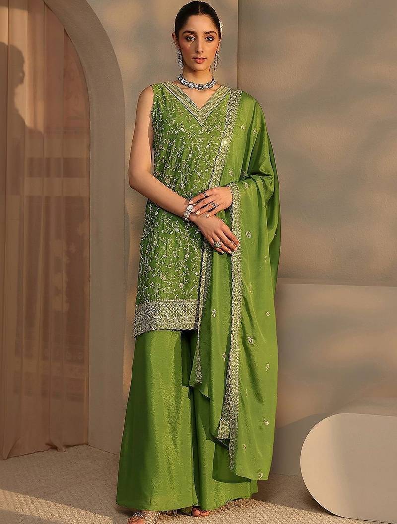 Women Ethnic Motifs Embroidered Regular Sequinned Kurta with Palazzos & With Dupatta