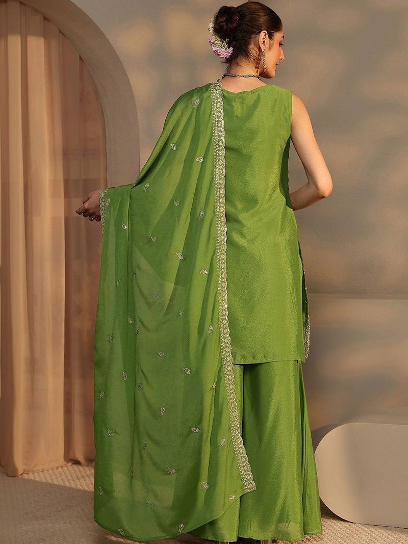 Women Ethnic Motifs Embroidered Regular Sequinned Kurta with Palazzos & With Dupatta