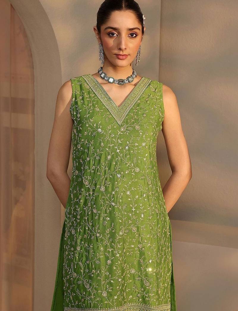 Women Ethnic Motifs Embroidered Regular Sequinned Kurta with Palazzos & With Dupatta