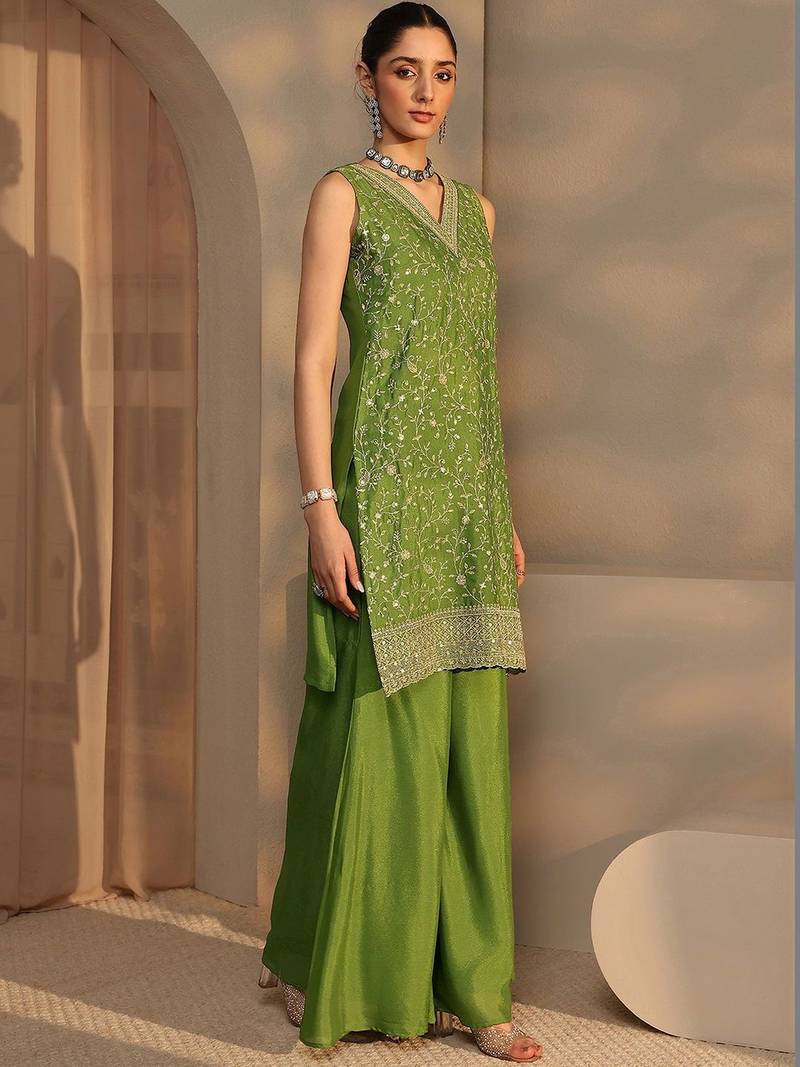 Women Ethnic Motifs Embroidered Regular Sequinned Kurta with Palazzos & With Dupatta