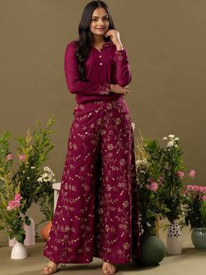 burgundy Embroidered Shirt Collar Top And Trouser 1