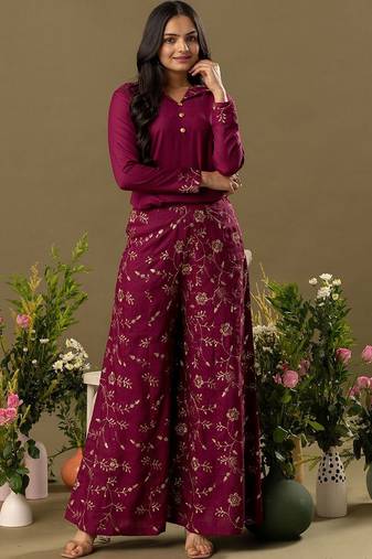 burgundy Embroidered Shirt Collar Top And Trouser