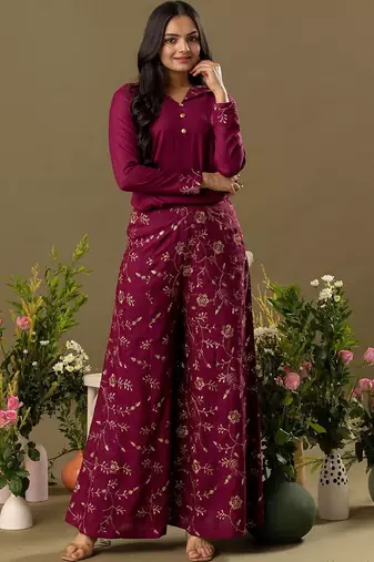 burgundy Embroidered Shirt Collar Top And Trouser