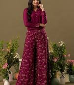 burgundy Embroidered Shirt Collar Top And Trouser