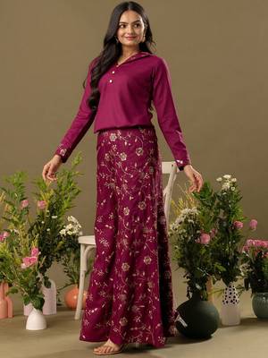 burgundy Embroidered Shirt Collar Top And Trouser 2