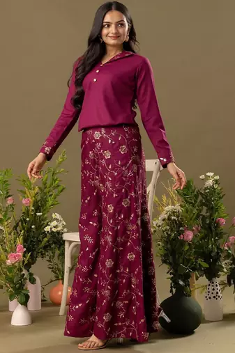 burgundy Embroidered Shirt Collar Top And Trouser