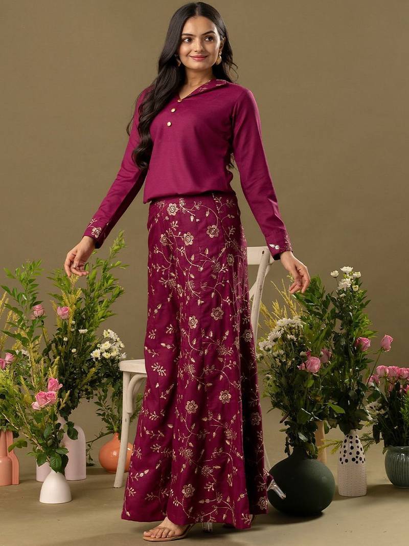 burgundy Embroidered Shirt Collar Top And Trouser
