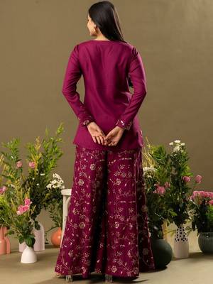 burgundy Embroidered Shirt Collar Top And Trouser 3