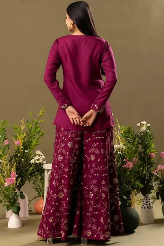 burgundy Embroidered Shirt Collar Top And Trouser